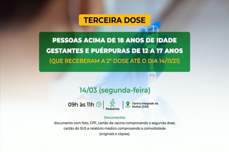 Saúde convoca gestantes e puérperas de 12 a 17 anos e população adulta para receberem a Terceira Dose