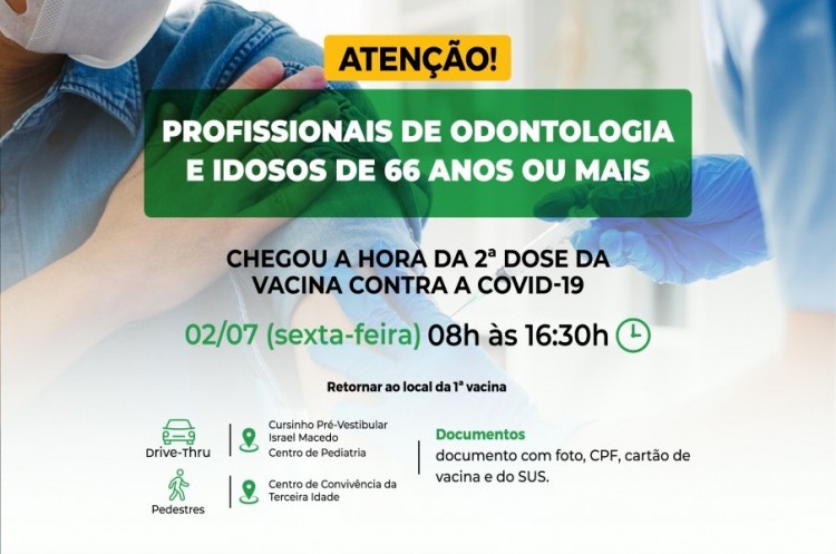 Profissionais de odontologia e idosos de 66 anos ou mais receberão segunda dose da AstraZeneca nesta sexta