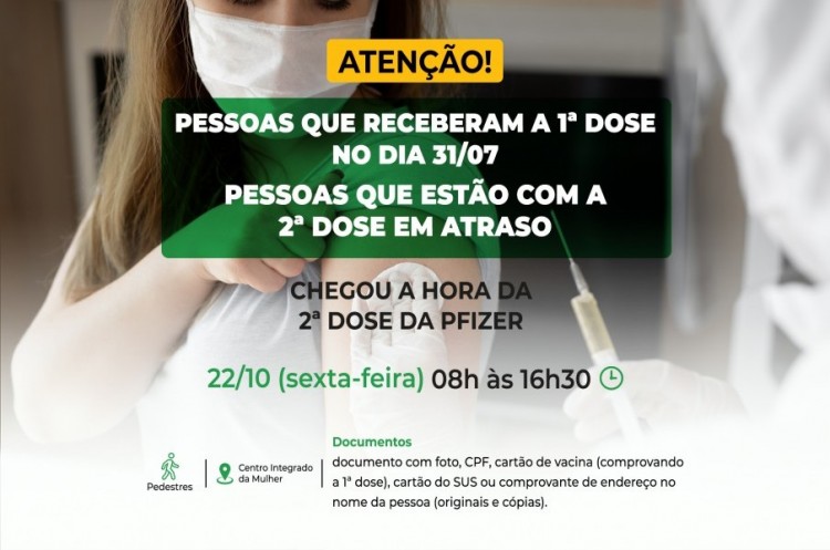 Segunda dose PFIZER: saúde aplicará reforço nesta sexta para quem tomou a primeira dose no dia 31 de Julho