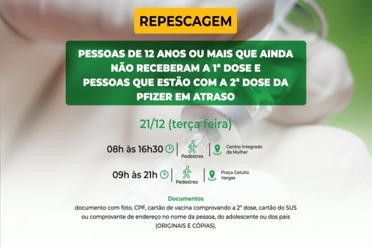 Saúde convoca população de 12 anos ou mais para receber a primeira dose