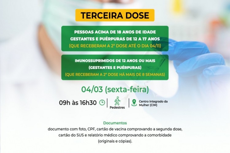 Saúde convoca imunossuprimidos e população adulta para receberem a Terceira Dose