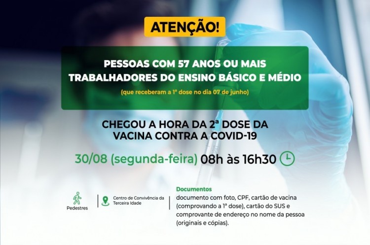 Pessoas com 57 anos ou mais e trabalhadores da educação do Ensino Básico e Médio receberão reforço da AstraZeneca na próxima segunda