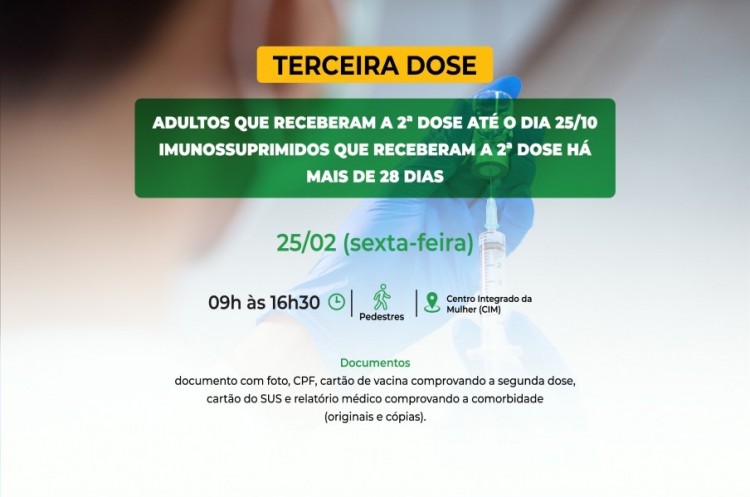 Saúde convoca imunossuprimidos e população adulta para receberem a Terceira Dose