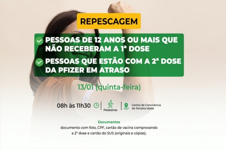 Repescagem: Saúde convoca população de 12 anos ou mais para receber a primeira dose