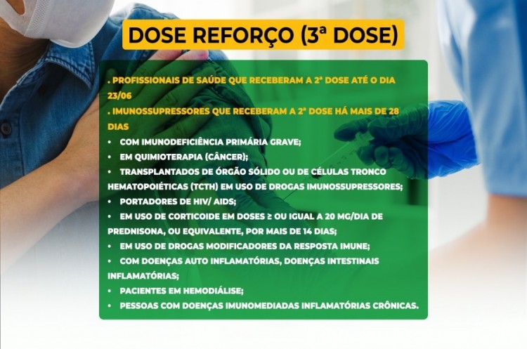 Saúde convoca pessoas com alto grau de imunossupressão e profissionais da saúde para receberem a Terceira Dose da vacina contra o coronavírus