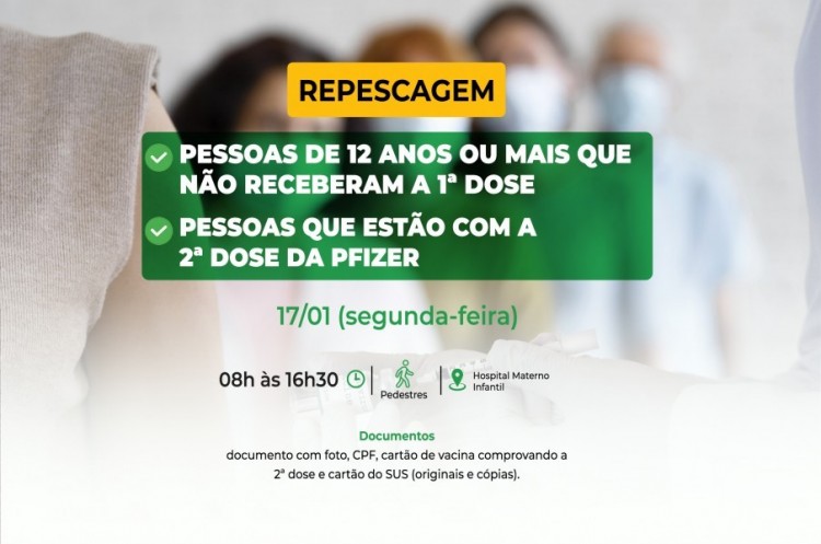 Repescagem: Saúde convoca população de 12 anos ou mais para receber a primeira dose