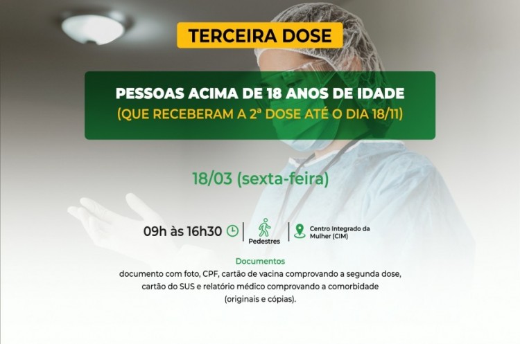 Saúde convoca população adulta para receber a Terceira Dose