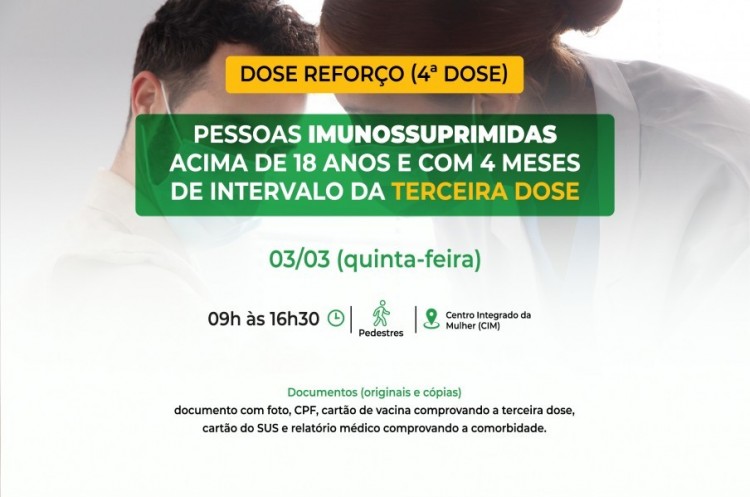 Saúde convoca imunossuprimidos para receberem Dose Reforço (4ª dose)