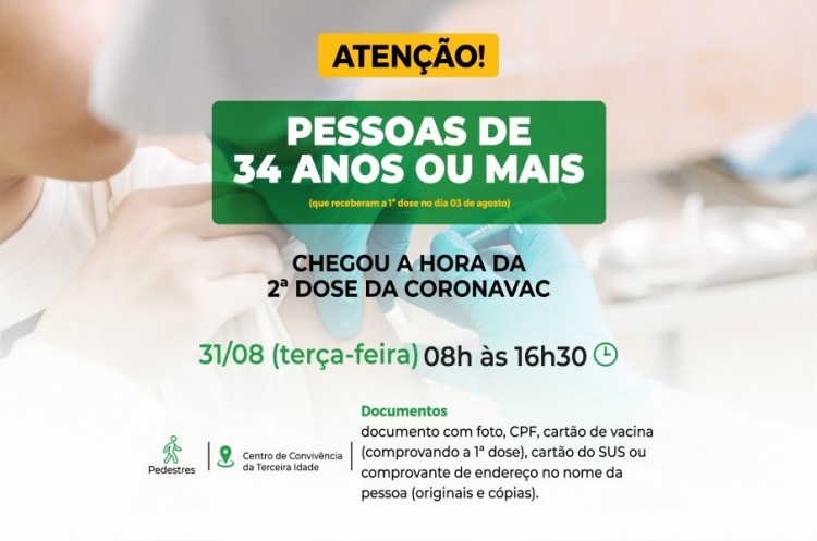 Covid-19: Pessoas com 34 anos ou mais receberão reforço da CORONAVAC nesta terça