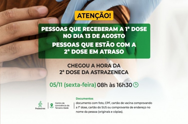 Saúde convoca pessoas que receberam a primeira dose no dia 13 de Agosto 