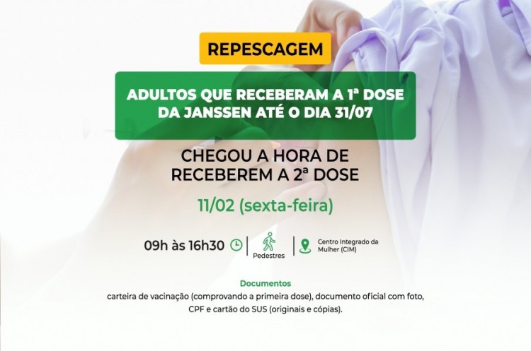 Saúde aplicará reforço para quem ainda não recebeu a segunda dose da JANSSEN