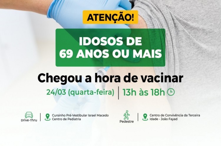 Vacinação Covid-19: Imunizantes serão aplicados hoje à tarde em idosos de 69 anos ou mais