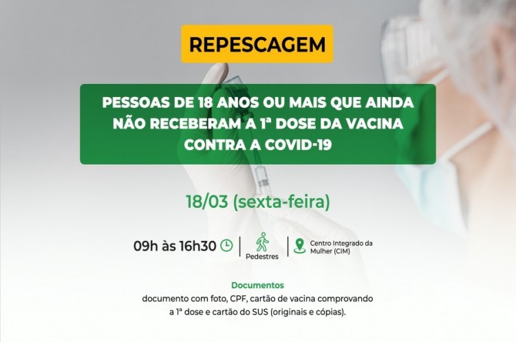 Repescagem: Saúde convoca população de 18 anos ou mais para receber a primeira dose