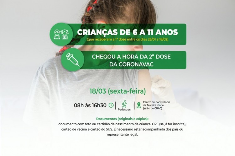 Covid-19: Saúde convoca crianças de 6 a 11 anos para receberem a segunda dose da CoronaVac