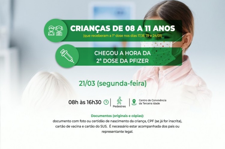 Covid-19: Saúde convoca crianças de 8 a 11 anos para receberem a segunda dose da vacina Pfizer